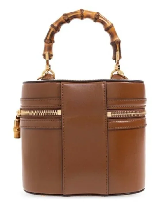 Gucci Brown Leather Bamboo Top Handle Plaque Mini Vanity Bag Cross Body - Picture 2 of 10